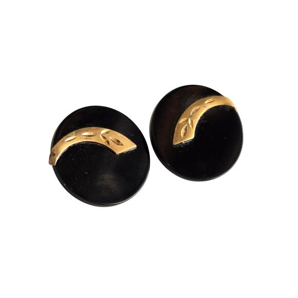 VTG 10K Yellow Gold Leaf Etched Black Resin Modernist Statement Stud Earrings - Picture 4 of 7